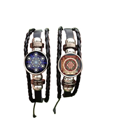 Metatron Cube Sacred Geometry Bracelet featuring the intricate design of Metatron's Cube, Sri Yantra, and Flower of Life symbols on a leather strap.