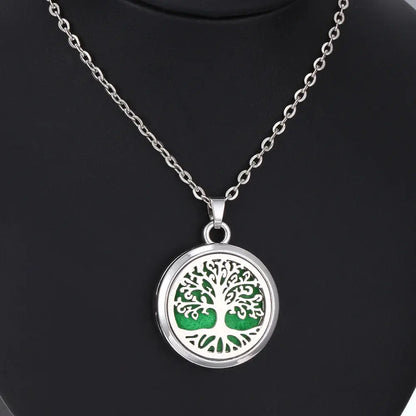 Showcasing the versatility of the Tree of Life Aromatherapy Necklace, a trendy stainless steel aroma necklace - stainless steel aroma necklace