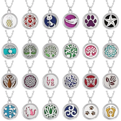 Wearing a stylish Tree of Life stainless steel aroma necklace, designed for essential oil diffusion - Tree of Life Aromatherapy Necklace