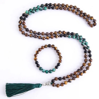 8mm Yellow Tiger Eyes Turquesa Africana Black Onyx Japamala Set Meditation Yoga Spirit Jewelry 108 Mala Beaded Tassel Necklace - Mystic Oasis Gifts