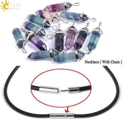 CSJA Fluorite Necklaces Crystal Pendants Suspension Natural Gem Stone Quartz Bullet Hexagonal Pendulum Reiki Chakra pendulo E546 - Mystic Oasis Gifts