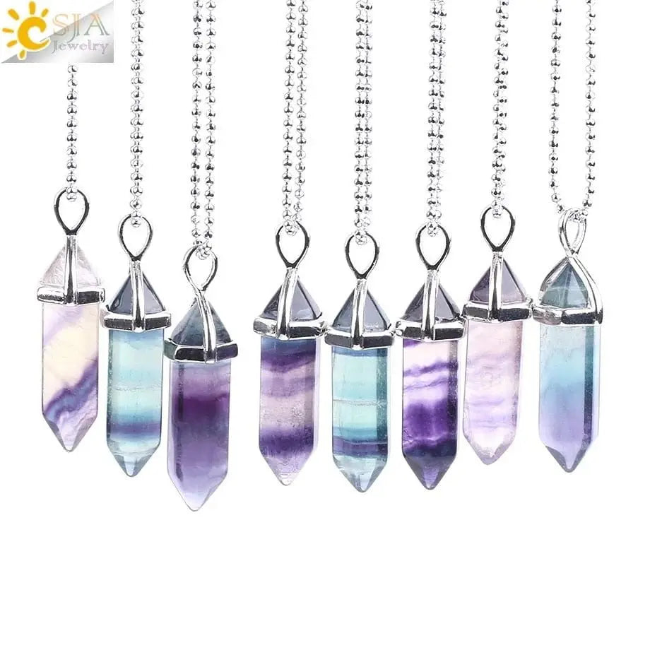 CSJA Fluorite Necklaces Crystal Pendants Suspension Natural Gem Stone Quartz Bullet Hexagonal Pendulum Reiki Chakra pendulo E546 - Mystic Oasis Gifts