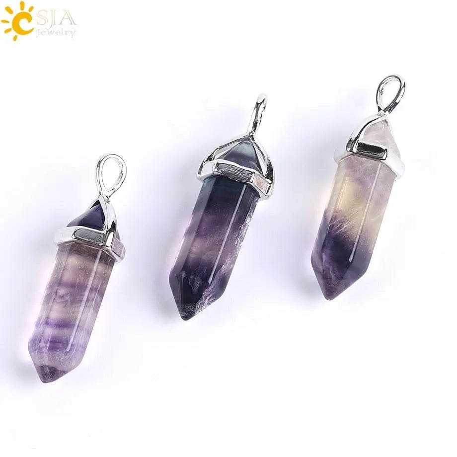 CSJA Fluorite Necklaces Crystal Pendants Suspension Natural Gem Stone Quartz Bullet Hexagonal Pendulum Reiki Chakra pendulo E546 - Mystic Oasis Gifts