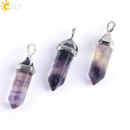 CSJA Fluorite Necklaces Crystal Pendants Suspension Natural Gem Stone Quartz Bullet Hexagonal Pendulum Reiki Chakra pendulo E546 - Mystic Oasis Gifts