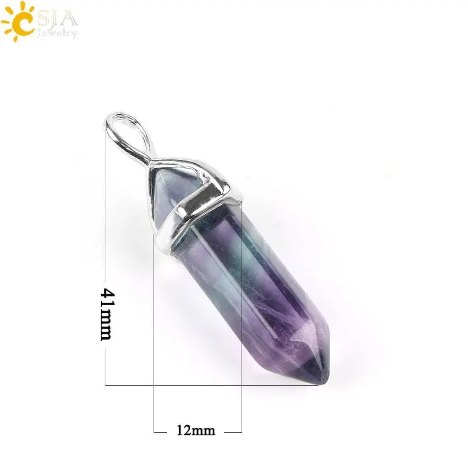 CSJA Fluorite Necklaces Crystal Pendants Suspension Natural Gem Stone Quartz Bullet Hexagonal Pendulum Reiki Chakra pendulo E546 - Mystic Oasis Gifts