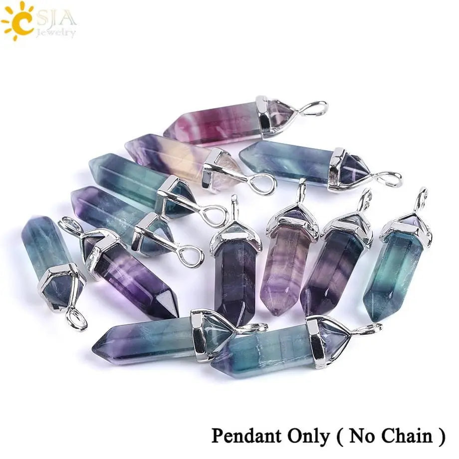 CSJA Fluorite Necklaces Crystal Pendants Suspension Natural Gem Stone Quartz Bullet Hexagonal Pendulum Reiki Chakra pendulo E546 - Mystic Oasis Gifts