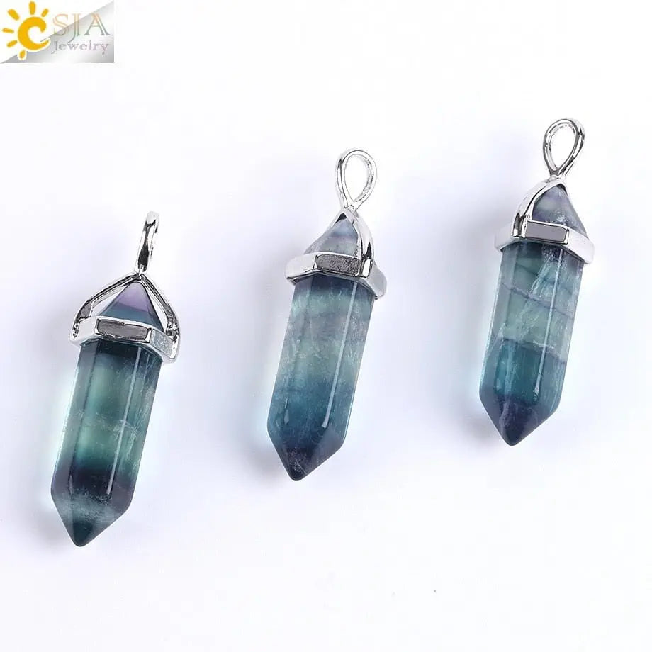 CSJA Fluorite Necklaces Crystal Pendants Suspension Natural Gem Stone Quartz Bullet Hexagonal Pendulum Reiki Chakra pendulo E546 - Mystic Oasis Gifts
