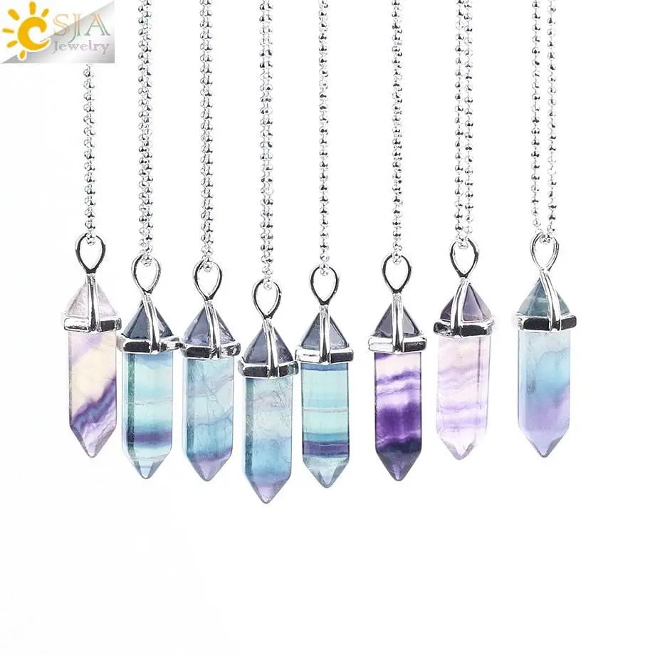 CSJA Fluorite Necklaces Crystal Pendants Suspension Natural Gem Stone Quartz Bullet Hexagonal Pendulum Reiki Chakra pendulo E546 - Mystic Oasis Gifts