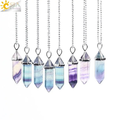 CSJA Fluorite Necklaces Crystal Pendants Suspension Natural Gem Stone Quartz Bullet Hexagonal Pendulum Reiki Chakra pendulo E546 - Mystic Oasis Gifts