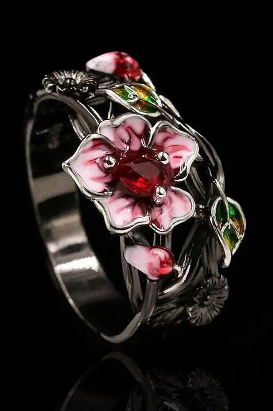 Exquisite Women&#39;s Jewelry Red Flower 925 Silver Ring Creative Elegant Women&#39;s Jewelry Attend Banquet Wedding Ring - Mystic Oasis Gifts